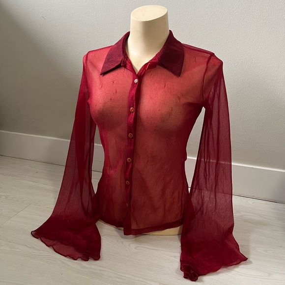 Garage Tops - Garage y2k Red sheer blouse with bell sleeves and button-up front shiny textile